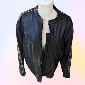 Vintage urban streetwear studded black leather jacket, size women's 3XL